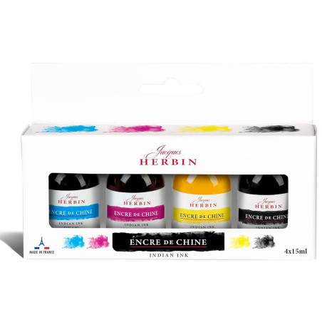 Coffret assortiment 4 flacons d'encre de Chine 15 ml - Jacques Herbin