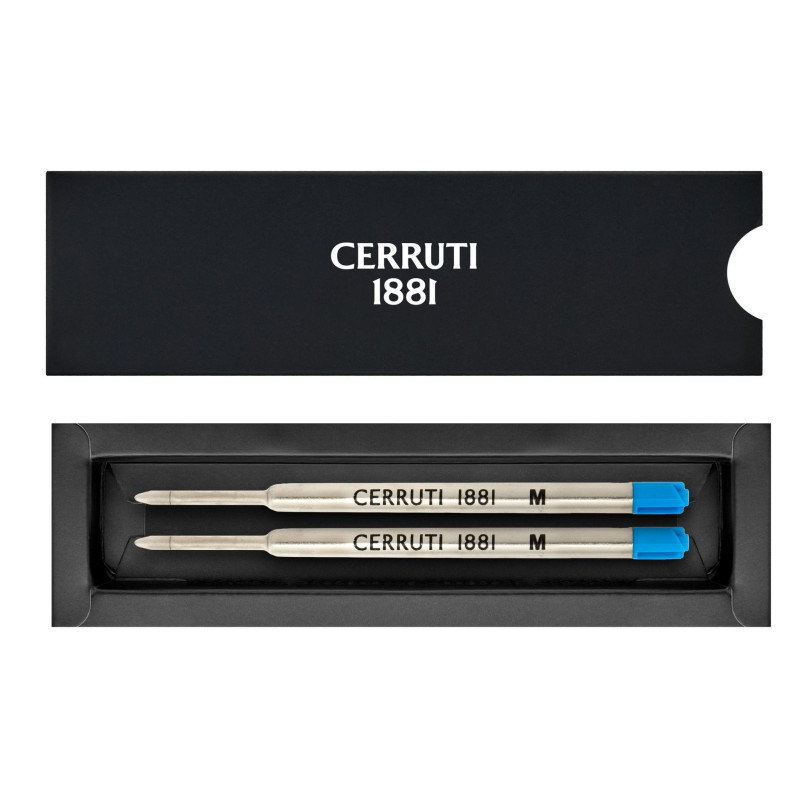 Boîte ouverte avec recharges bleues Cerruti 1881 pour stylo bille